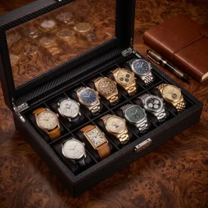 Boite à montres 12 compartiments en cuir noir