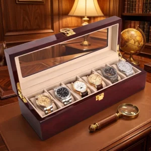 Boite à montres 6 emplacements en bois rouge